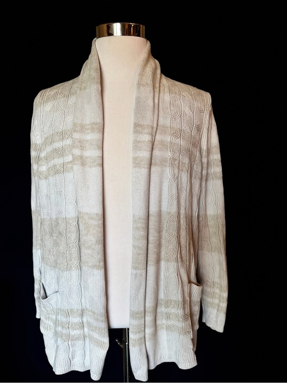Lands' End Neutral Stripe Open-Front Cable Cardigan